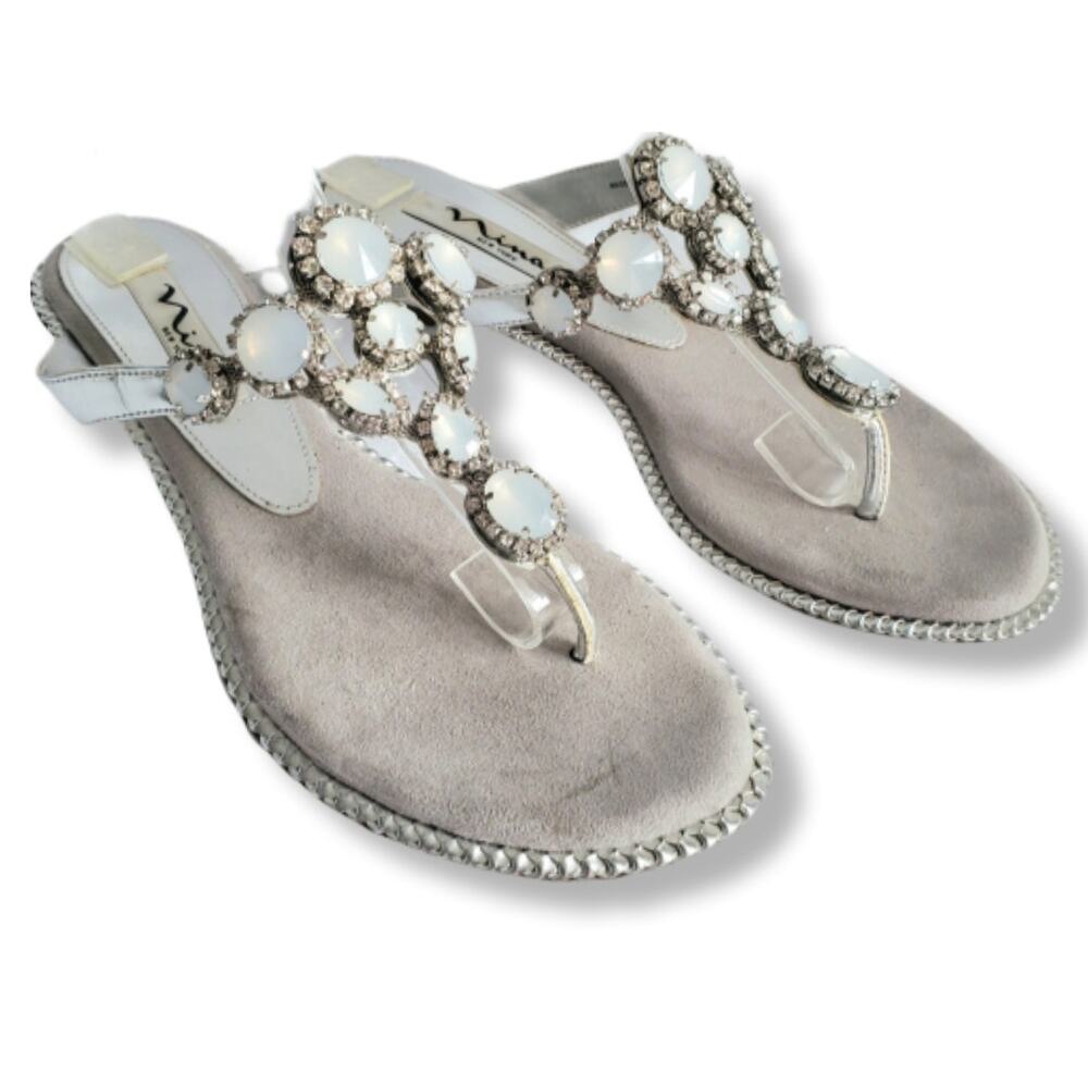 Nina Silver Crystal Gem Bling Sandals Slides 8.5 Goddess Cocktail Beach Wedding